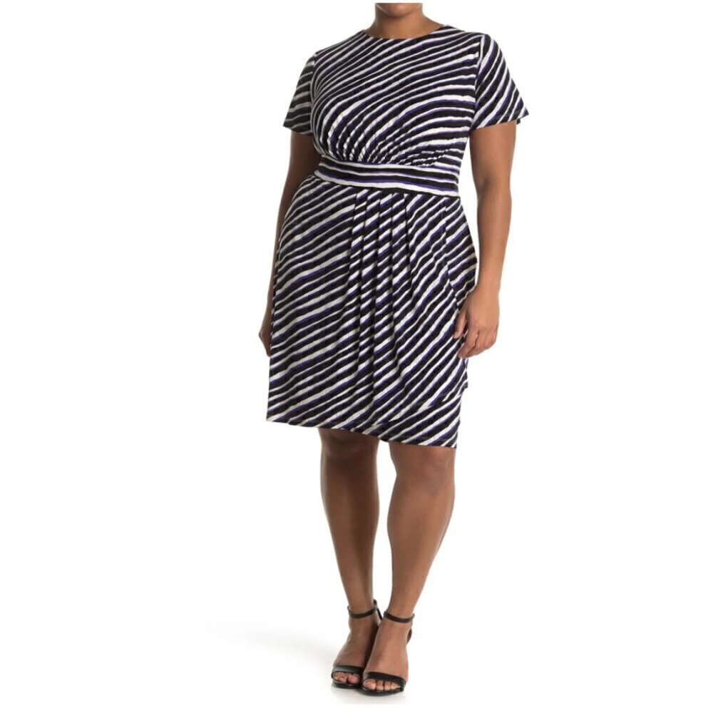 London Times Women's Size 12 Techno Stripe Jersey Sheath Dress Black Blue Short
